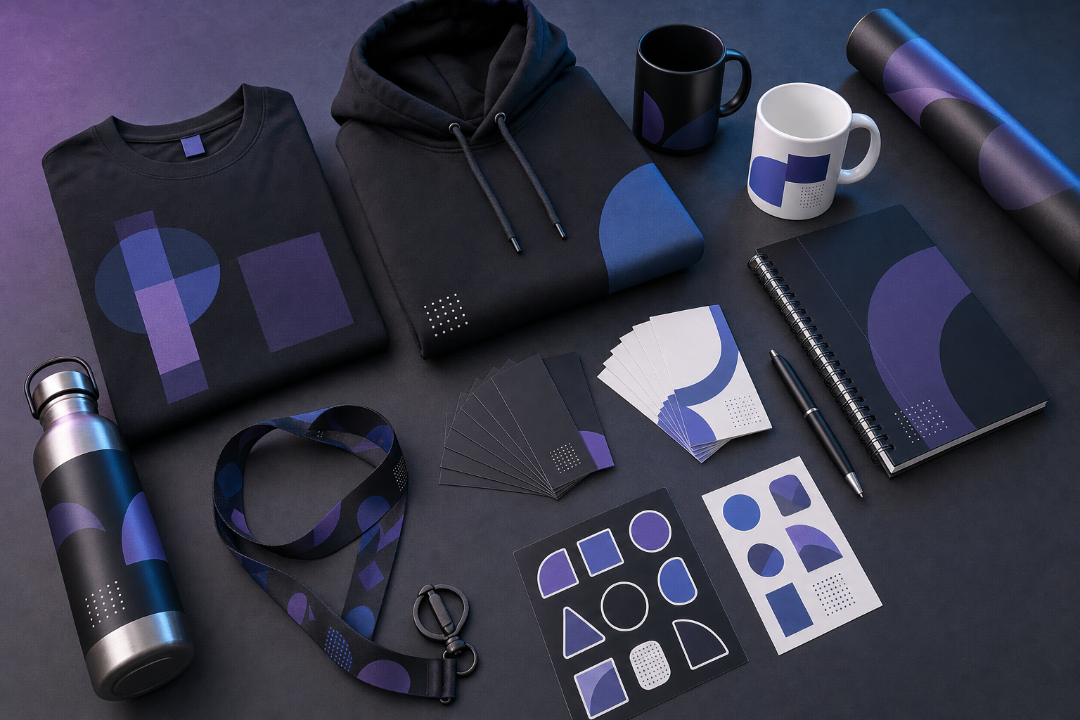 Range of branded printed products including business cards, mugs, t-shirts and packaging